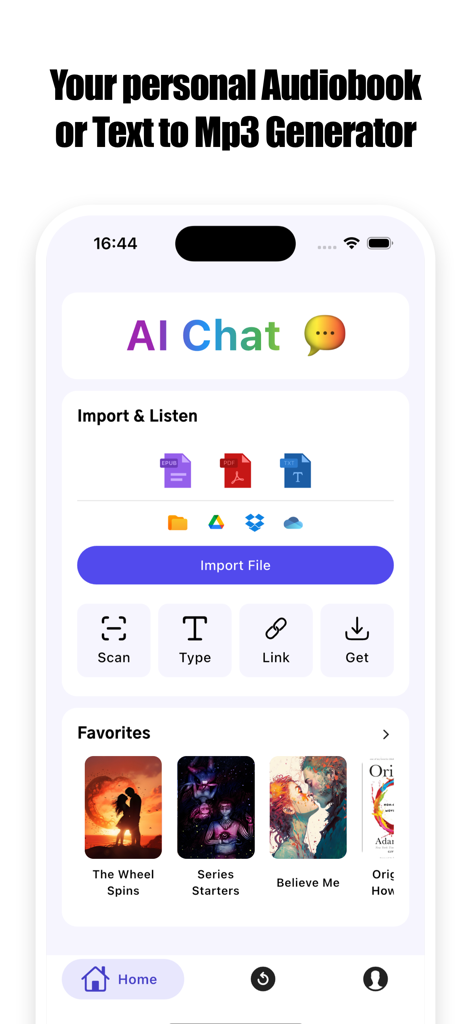 aiReader: AI Text to Speech - aiReader app home screen showing options to import files and scan documents for AI text to speech conversion.
