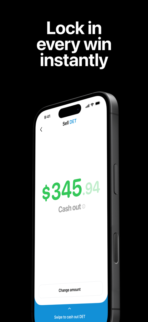 Polymarket app interface showing a three hundred forty-five dollar cash out option for a winning trade.