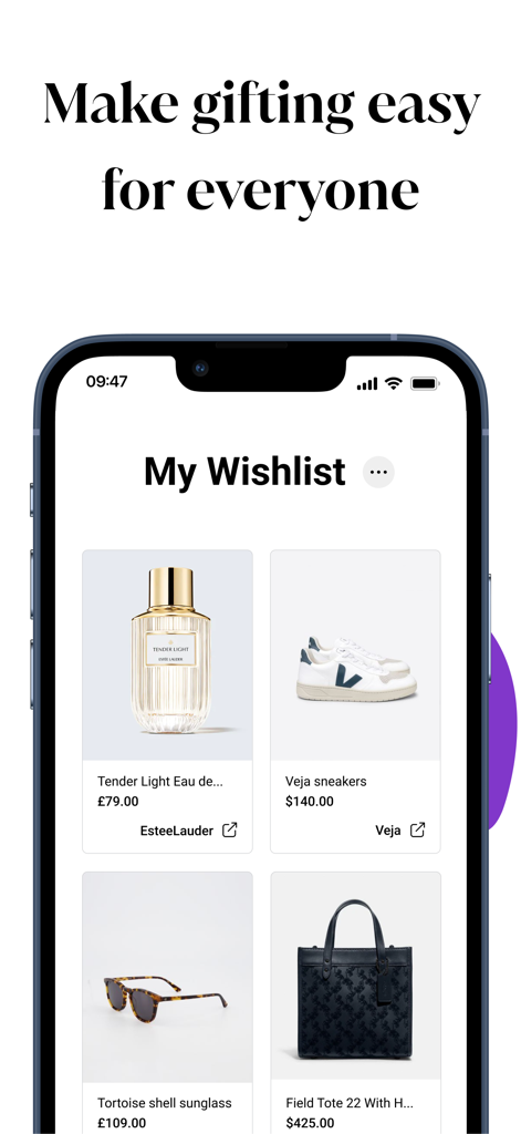 Moonsift mobile app interface showing a curated personal wishlist with lifestyle items including perfume, sneakers, and handbags