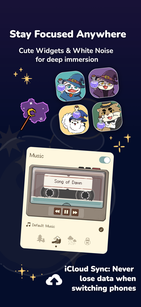 Glulu BrewTime-Pomodoro Focus - Glulu 앱 스크린샷, 귀여운 픽셀 아트 캐릭터 위젯 및 집중 음악 및 백색 소음용 카세트 플레이어 인터페이스 표시