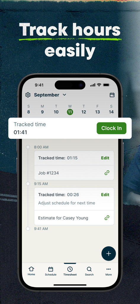 Jobber app timesheet interface showing tracked hours and clock in feature for field service jobs