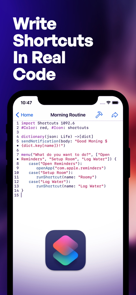 Jellycuts - Smartphone screen displaying the Jellycuts app code editor with a script for a morning routine shortcut