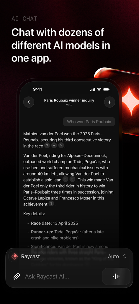 Interface de l'application mobile Raycast montrant une conversation IA sur les résultats de cyclisme en mode sombre.
