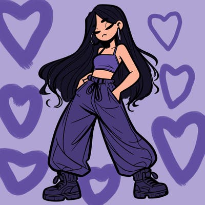 girl in baggy pants crop top and long hair