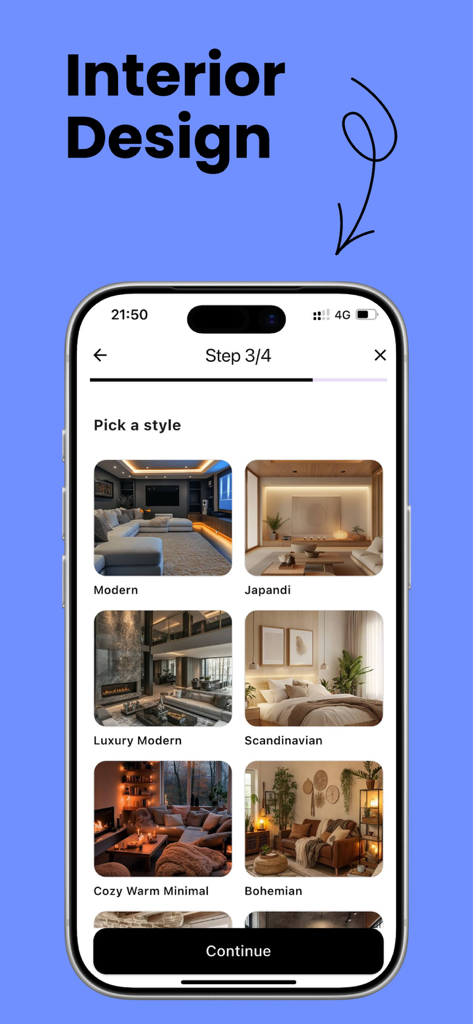 AI Home Design: Visura - Interfaccia dell'app Visura che mostra una selezione di stili di design d'interni tra cui Modern Japandi e Bohemien