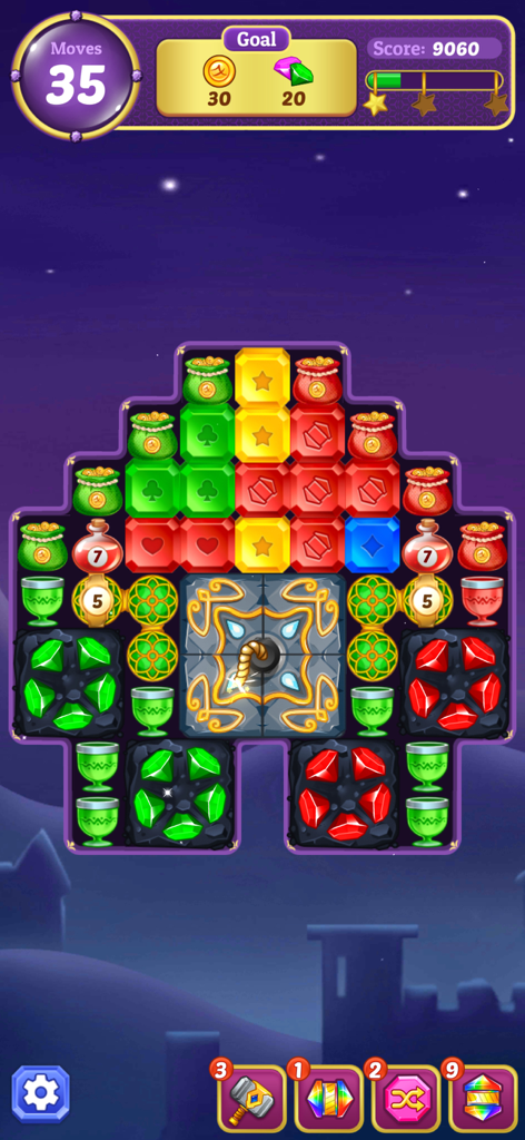 Jewel Gem - Match 3 Jewel Game - Pantalla de jugabilidad del puzle Match 3 Jewel Gem mostrando bloques y gemas coloridas con objetivos de nivel y potenciadores