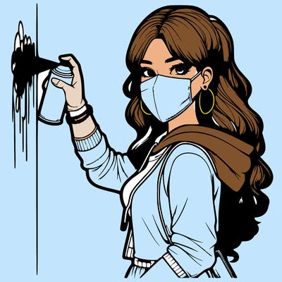 realistic girl with mask spray painting a wall