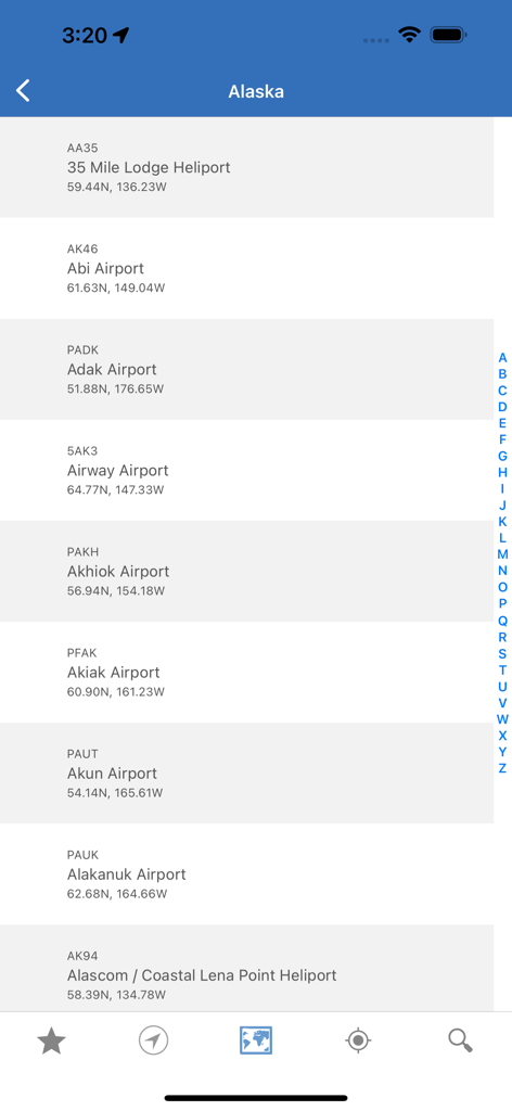 NOAA Aviation PRO Live Weather - Alphabetical list of aviation weather stations and airports in Alaska showing ICAO codes and coordinates.