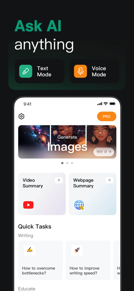 AI Agent - Chat bot Assistant - AI Agent app interface showing text and voice modes image generation and quick writing tasks