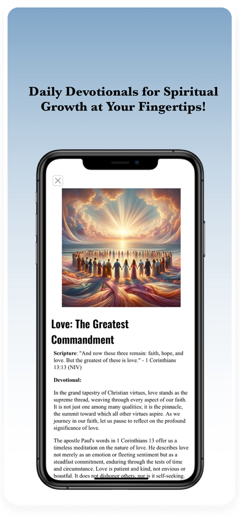 Bible Chat: Kingdom Connect - Uma tela de celular do aplicativo Bible Chat mostrando um devocional diário intitulado O Amor é o Maior Mandamento com escritura de 1 Coríntios 13.