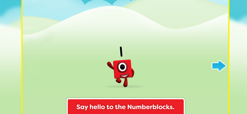 Meet the Numberblocks! - ナンバーブロックのキャラクター「ワン」が緑の野原に立っており、赤いボタンに「ナンバーブロックに挨拶しよう」と書かれています