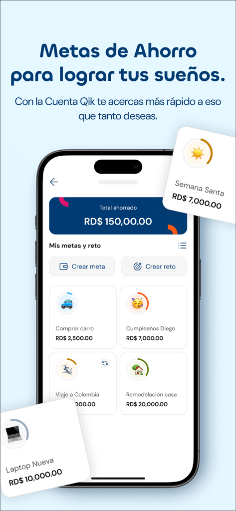 Mobile app screen of Qik Banco Digital displaying personalized savings goals and progress tracking
