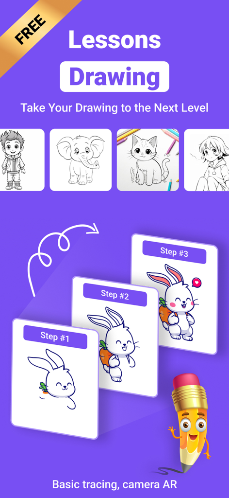 AR Drawing Apps : AR Sketch - Step by step AR drawing lessons showing the process of sketching a cartoon bunny