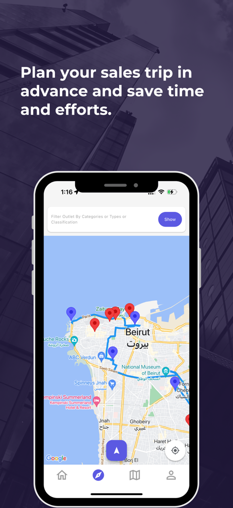 Trade Map app interface showing a planned sales route with location pins on a city map.