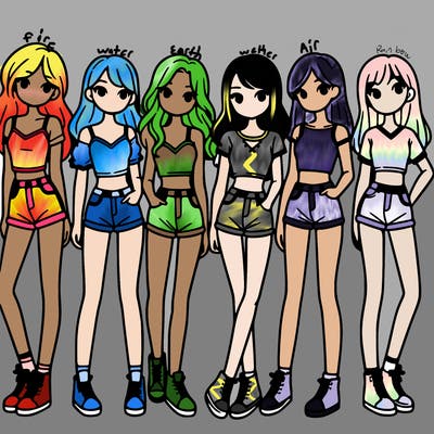 a group of girls wearing crop tops and shorts