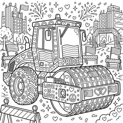 Get ready to color a unique celebration of Pride Month with our festive compactor and roller coloring page. This design brings together the power of heavy machinery with symbols of love, diversity, and community for a truly special artistic experience.