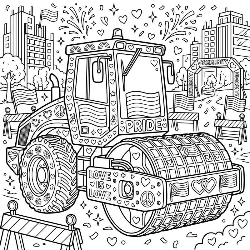 Get ready to color a unique celebration of Pride Month with our festive compactor and roller coloring page. This design brings together the power of heavy machinery with symbols of love, diversity, and community for a truly special artistic experience.