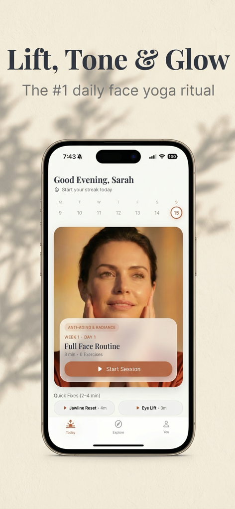 Luma: Face Yoga Exercises - Interface of Luma Face Yoga app showing daily exercise routine and anti aging sessions