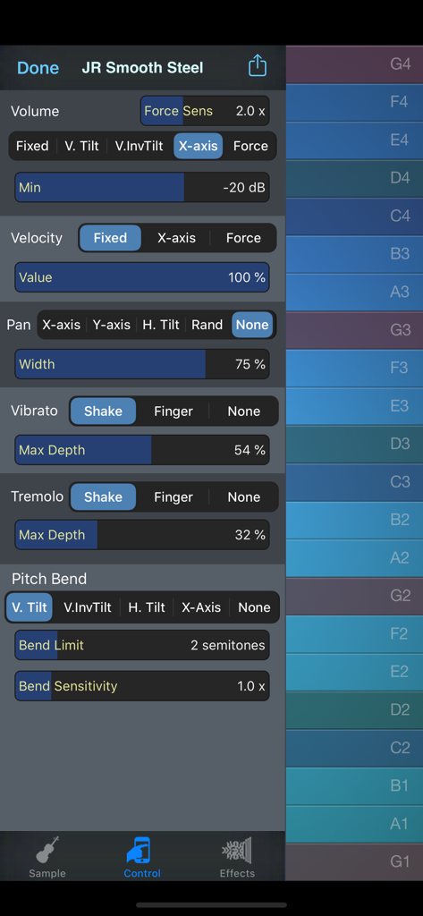 ThumbJam - Interfaz de la aplicación móvil ThumbJam que muestra configuraciones de control de instrumentos expresivos y notas de teclado vertical.