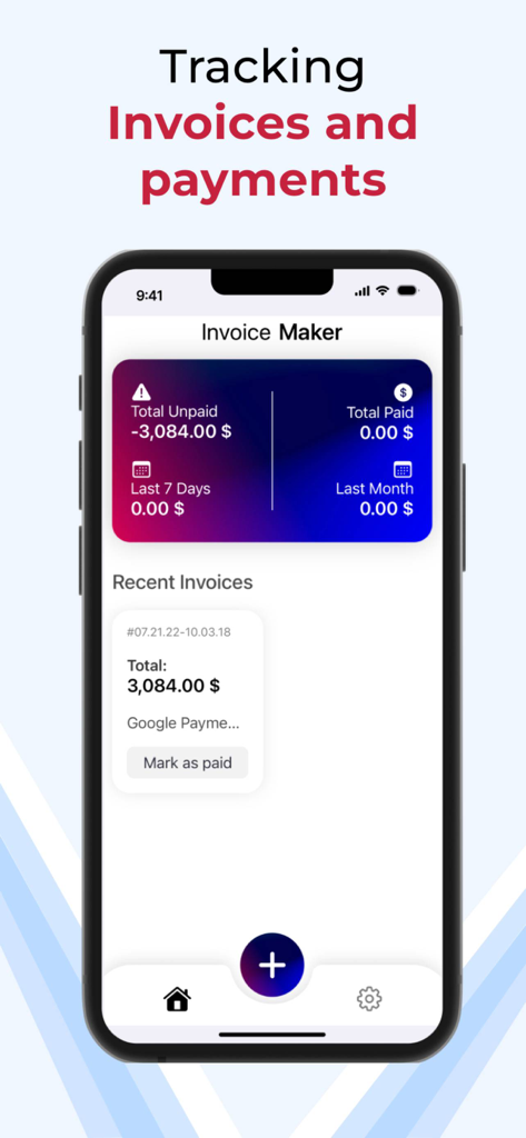 quickbooks self employed - Tableau de bord de l'application mobile montrant le total des factures impayées et un résumé du suivi des paiements