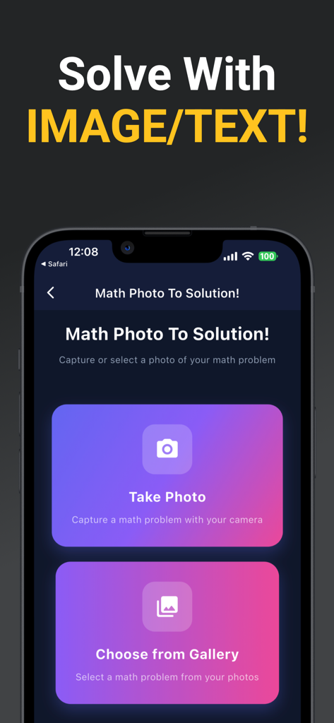 Math AI Calculator & Solver - Interface showing the Math Photo To Solution feature with options to take a photo or choose from the gallery in the Math AI Calculator app.