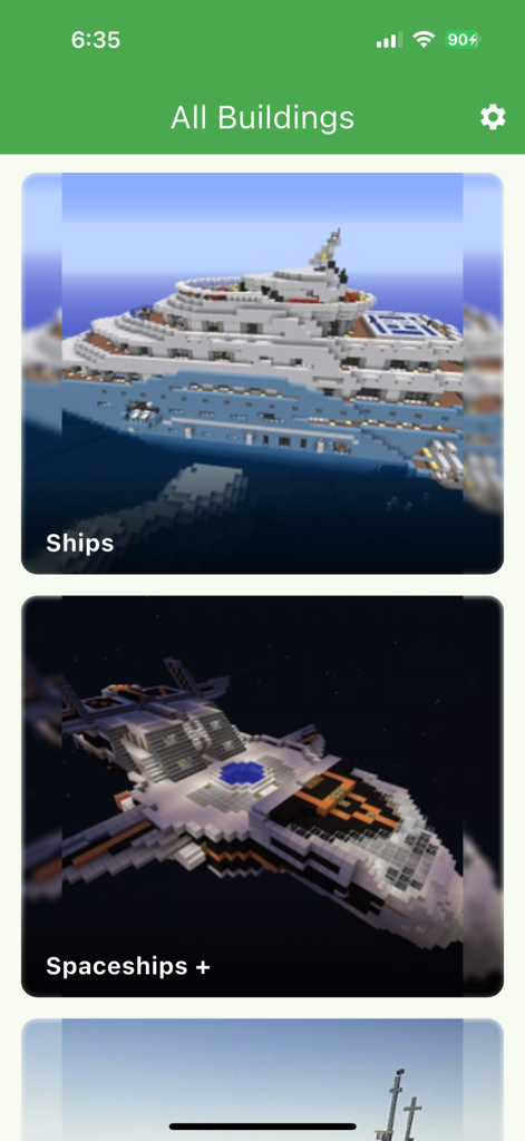 House Mods for Minecraft - A list of Minecraft building categories including ships and spaceships in the House Mods app