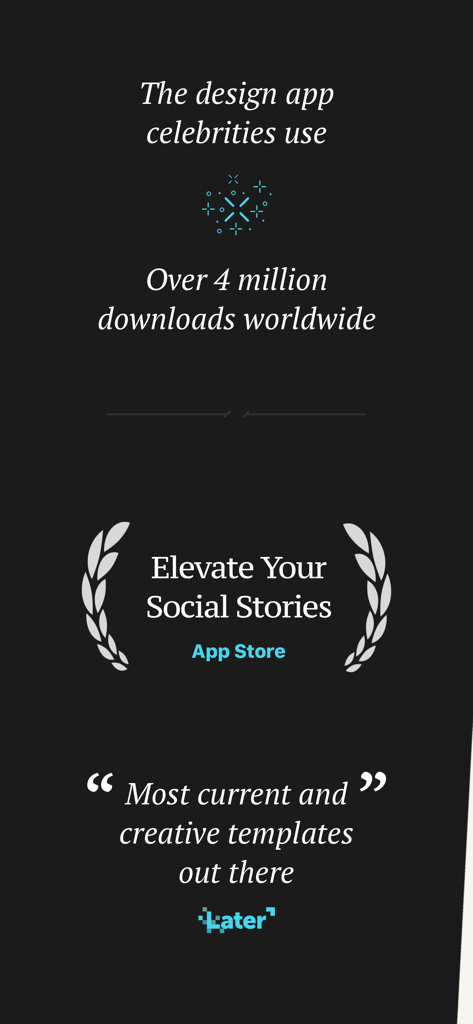 Bannière promotionnelle pour l'application de design Storyluxe, soulignant sa popularité auprès des célébrités et ses modèles créatifs pour les réseaux sociaux.