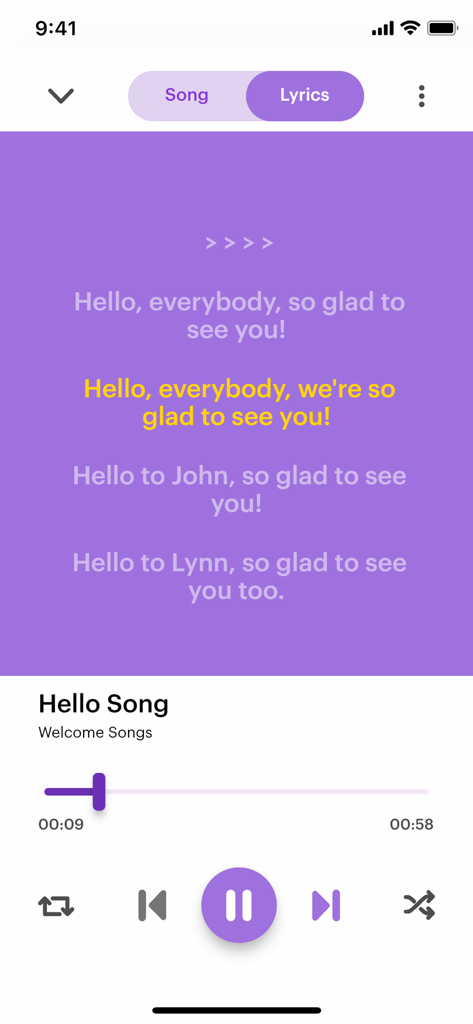 Music Together app music player showing song lyrics for Hello Song