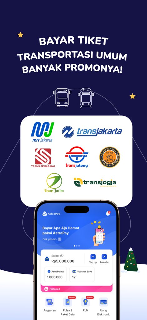 AstraPay mobile app interface displaying public transportation payment partners and digital wallet features for Indonesian services.
