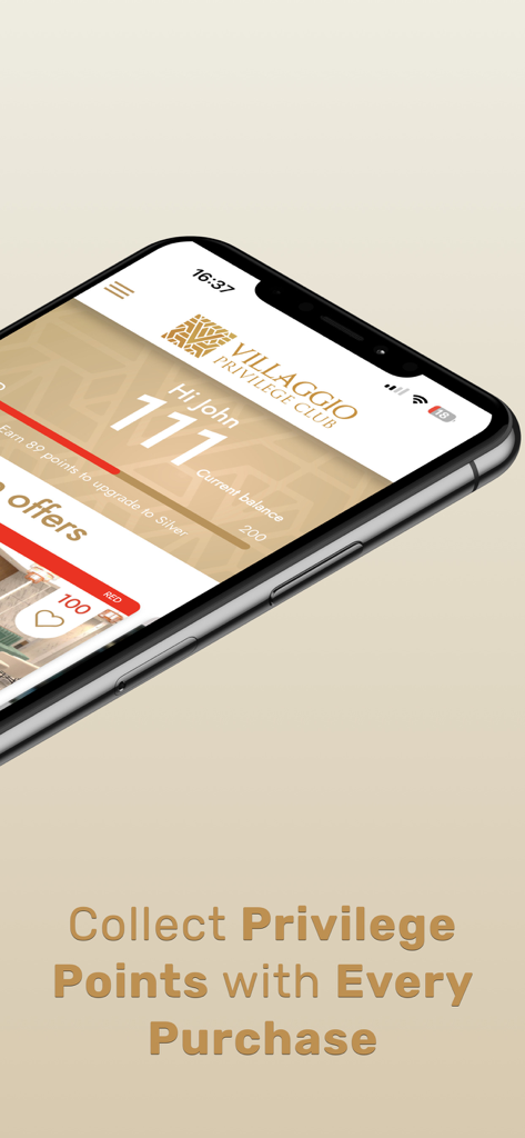 Villaggio Privilege Club - Captura de pantalla de la aplicación móvil Villaggio Privilege Club que muestra el saldo de puntos actual y el progreso del nivel.