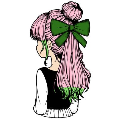 realistic girl  with hip length hair a bun and a big bow on the back of head