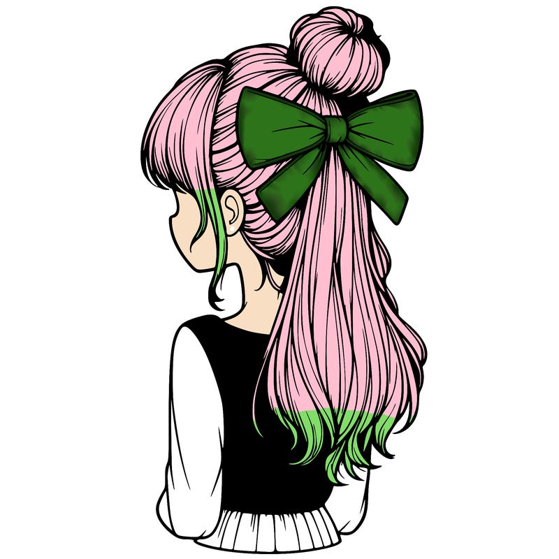 realistic girl  with hip length hair a bun and a big bow on the back of head