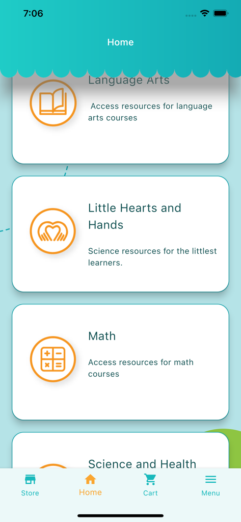 Homeschool: Good & Beautiful - Écran d'accueil de l'application Homeschool Good and Beautiful montrant des cartes de matières pour la langue, les sciences et les mathématiques