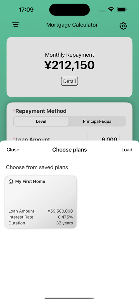 Japan Mortgage Sim mobile app screen showing a monthly repayment calculation and a saved loan plan for a home purchase