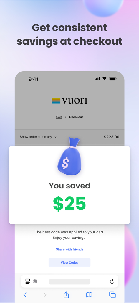 Shop Mail automatic coupon extension showing twenty five dollars saved at checkout