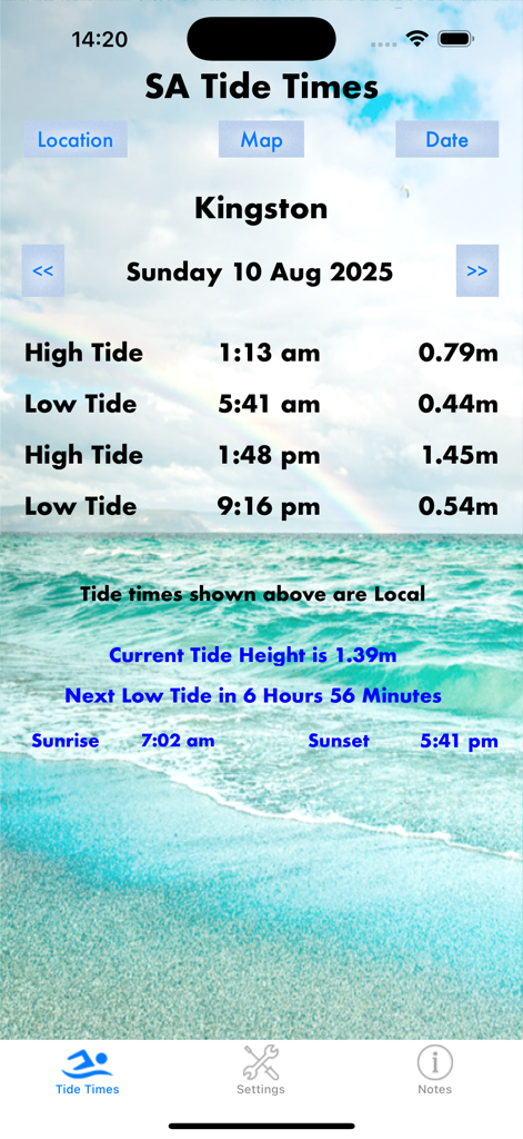 SA Tide Times - SA Tide Times app interface showing high and low tide heights and sunrise sunset times for Kingston