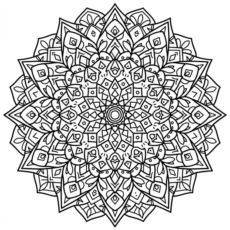 Unfold the beauty of spring with this stunning geometric mandala coloring page. Its intricate patterns, composed of precise shapes, invite you into a world of mindful creation.