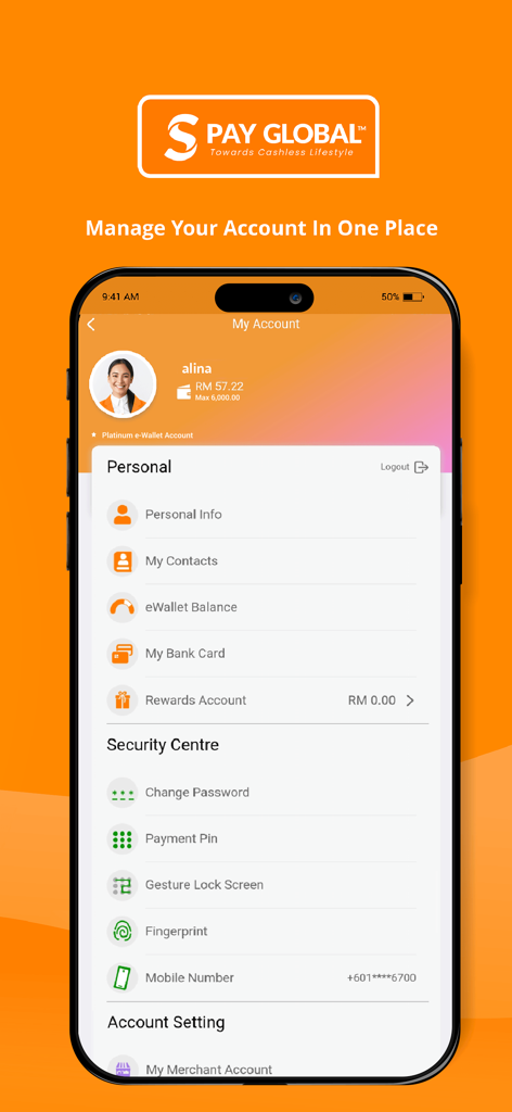 S PAY GLOBAL mobile app interface showing the My Account profile screen with e-wallet balance and security settings