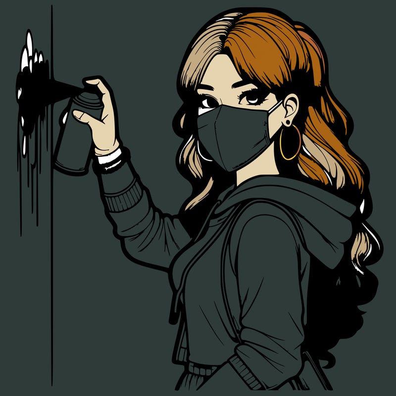 realistic girl with mask spray painting a wall