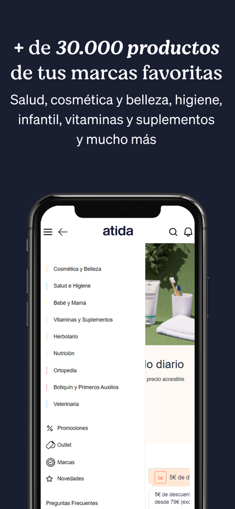 Atida|Mifarma. Farmacia online - Smartphone-Bildschirm, der das Kategorienmenü der Atida Mifarma Online-Apotheken-App anzeigt, einschließlich Schönheits- und Gesundheitsprodukten.