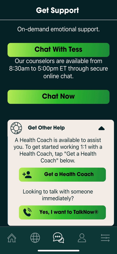 Acentra Connect - Acentra Connectアプリの画面。カウンセラーとのチャットやヘルスコーチへのアクセスなど、オンデマンドの感情的サポートを提供します。