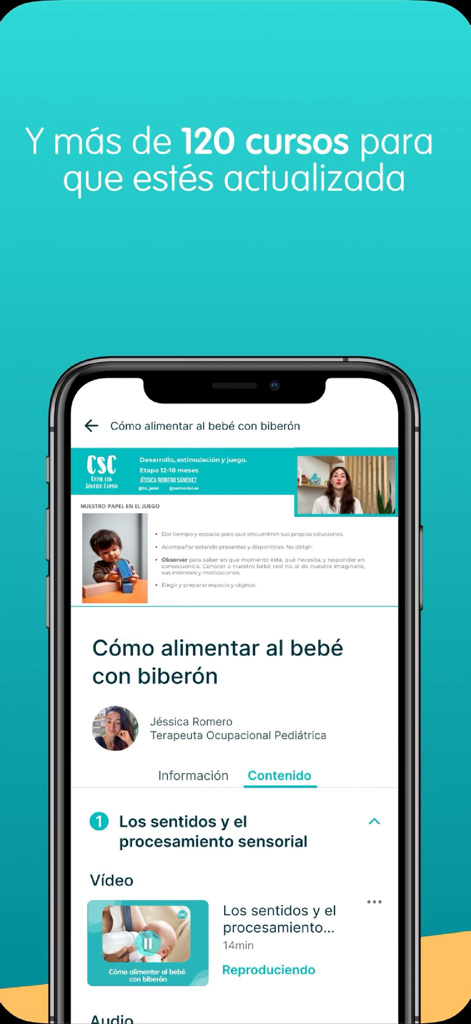 Criar con Sentido Común - Interfaz de la aplicación Criar con Sentido Común mostrando un curso en video sobre alimentación con biberón impartido por un terapeuta pediátrico.