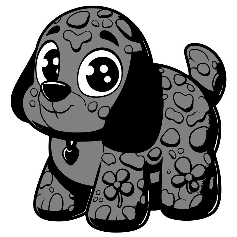 pebble is a small, gray, rock-dog toon with a textured body. he has smoothed-out sides, underbelly, and back, and his main body and tail are a dark gray, while his legs are a lighter shade of gray. pebble also has a black nose, big white eyes, and clover-like drawings on his cheeks that match the color of his legs.