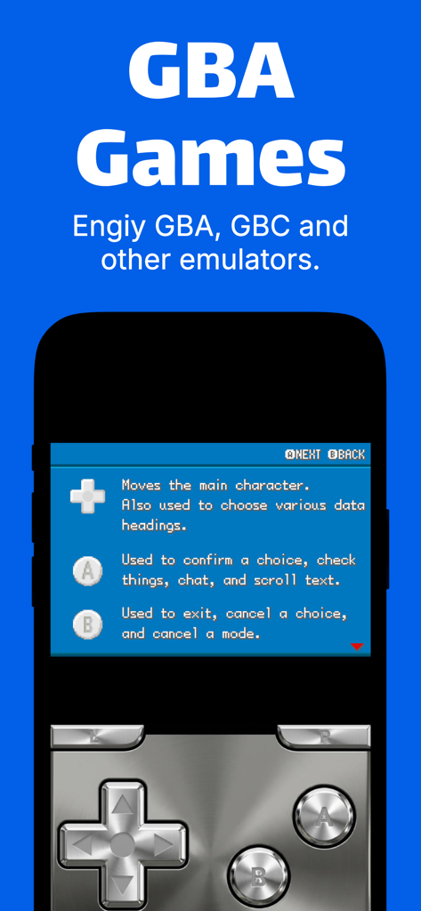 Game Emulator - GBA, DS, NES - Una pantalla de teléfono móvil mostrando un emulador de Game Boy Advance con una skin de control metálica plateada.