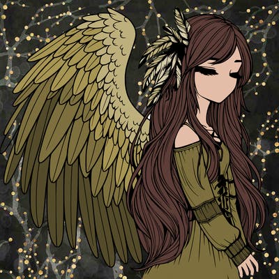 realistic girl with bird wings and some feathers in her hair