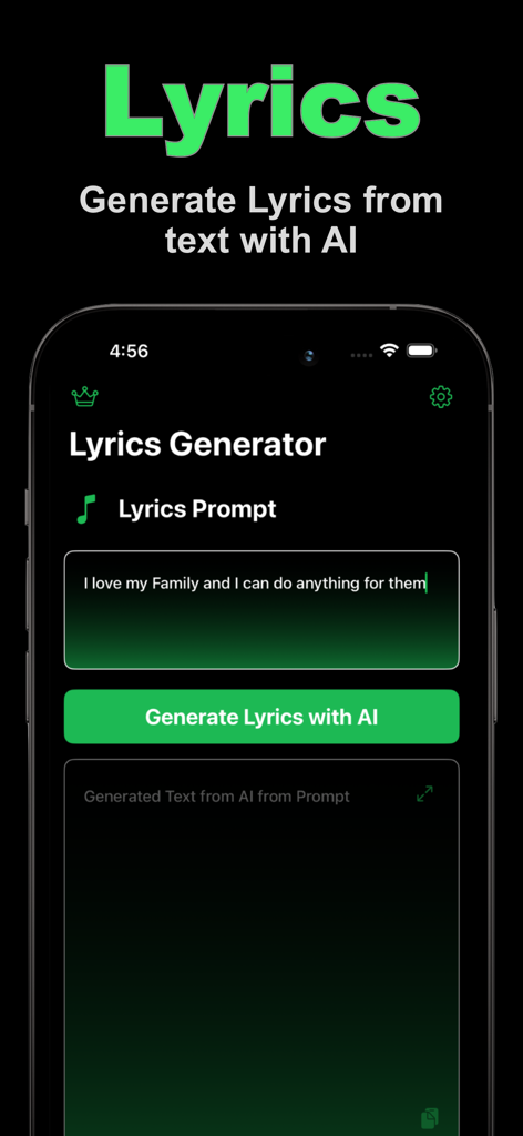 AI Song Creator - Beat Maker - A mobile interface for an AI lyrics generator where users can input text prompts to create song lyrics