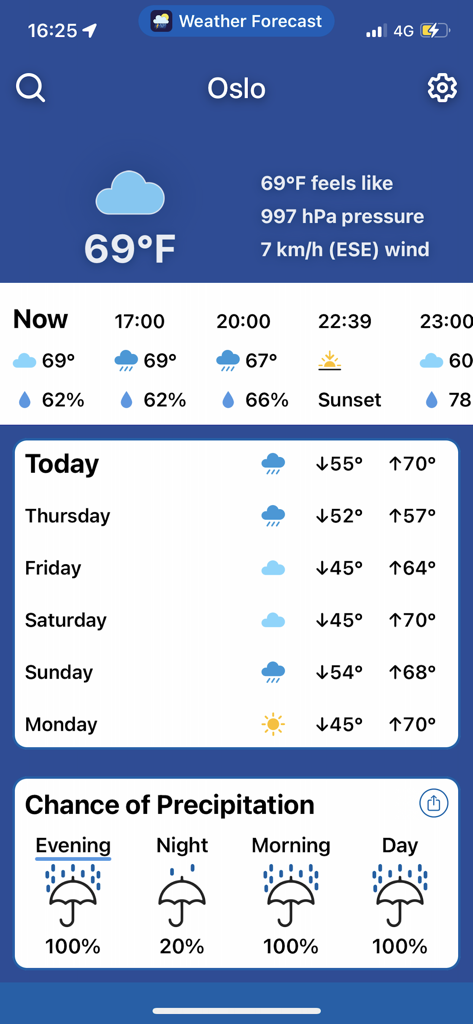 Weather Forecast by Climacam - Minimalist dashboard showing current temperature and weekly forecast for Oslo