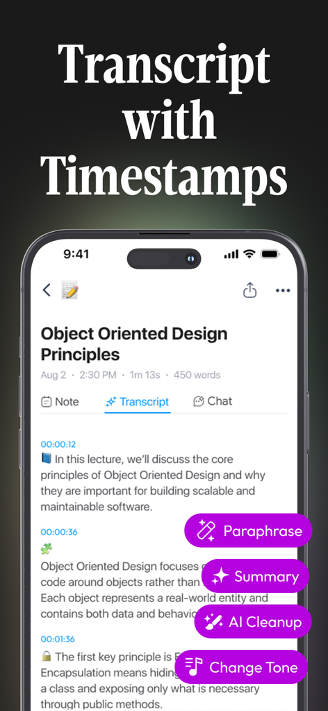 Greatnotes5 - AI Notes Taker - Greatnotes5 app interface showing a lecture transcript with timestamps and AI productivity tools like Summary and Paraphrase