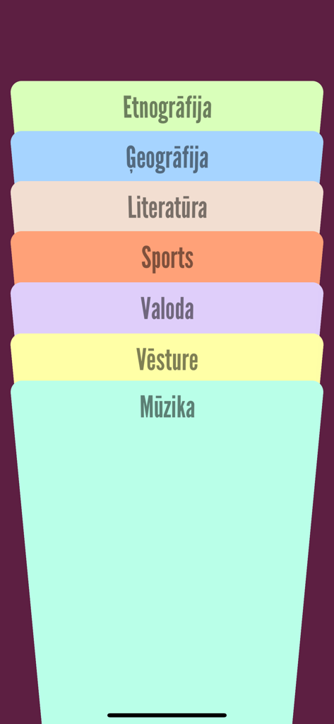 Kas Kas Ko - Main menu screen of the Kas Kas Ko app showing colorful trivia category cards in Latvian