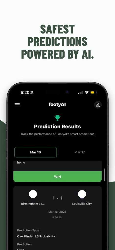 footyAI: Football Predictions - footyAI mobile app interface showing football match prediction results with a winning status